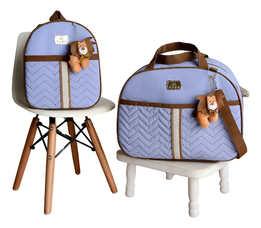 Kit 2 Bolsas Maternidade Azul Bebê Desenho Leão Resistentes Impermeáveis