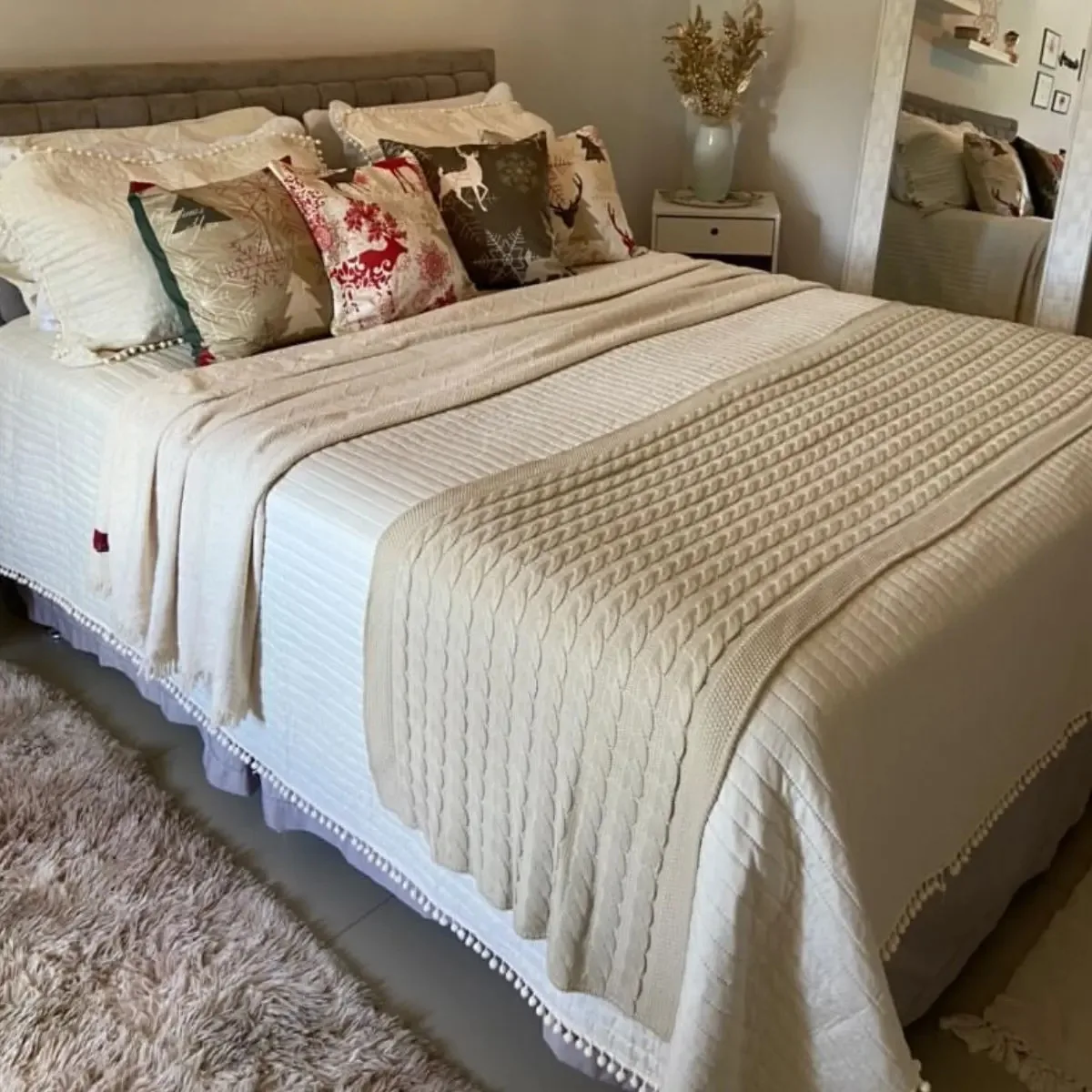 Peseira Cama Queen Trico Manta Sofá 230cmx60cm Barata Cor Bege