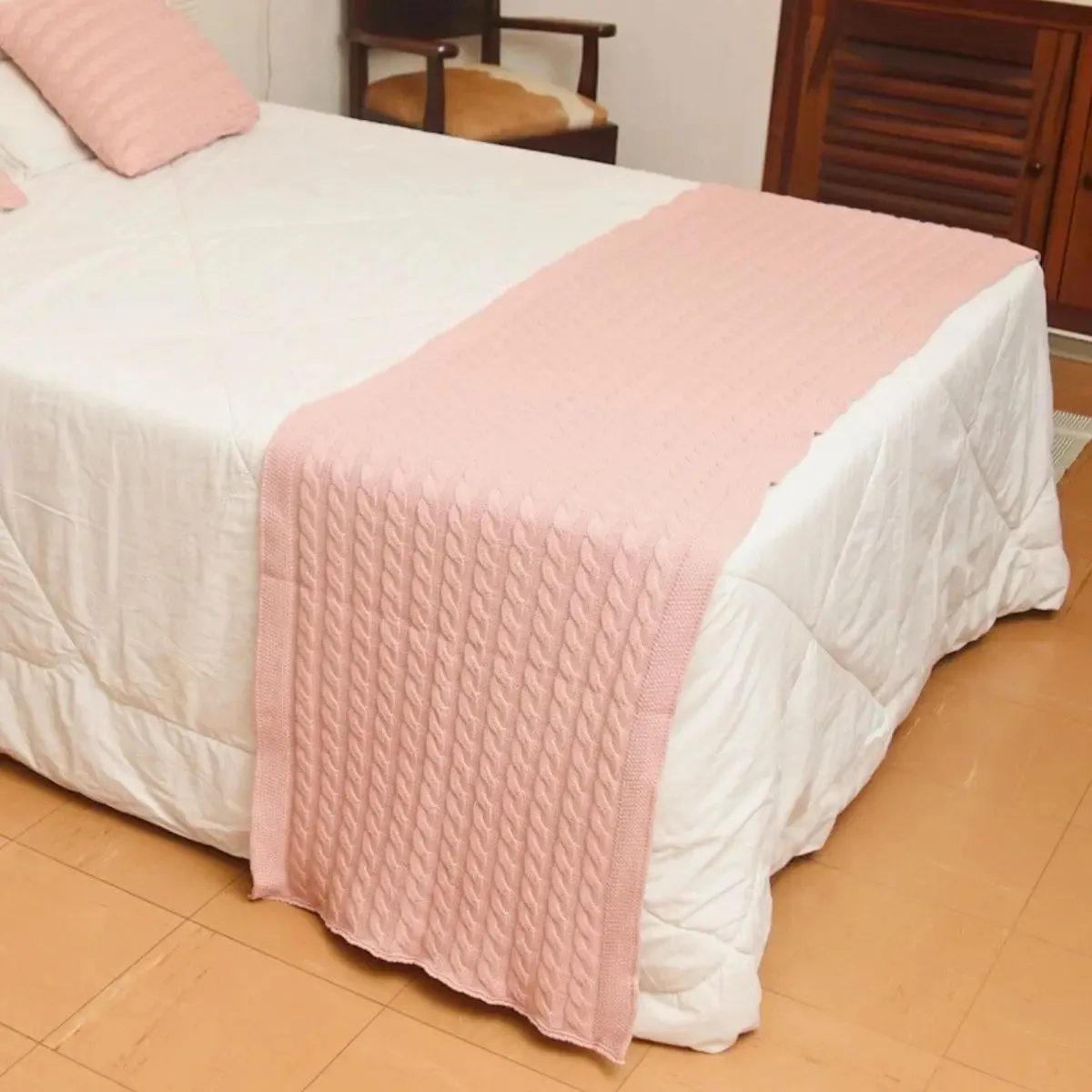 Peseira Baronesa Tricot Cama Queen Trico Manta Sofá 230cmx60cm Cor Rosa