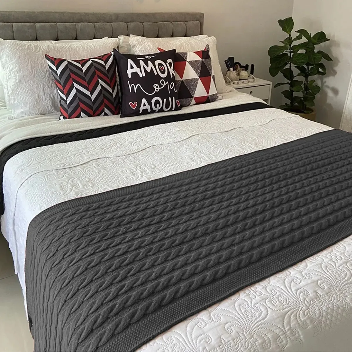 Peseira Cama Queen Trico Manta Sofá 230cmx60cm Barata Cor Grafite
