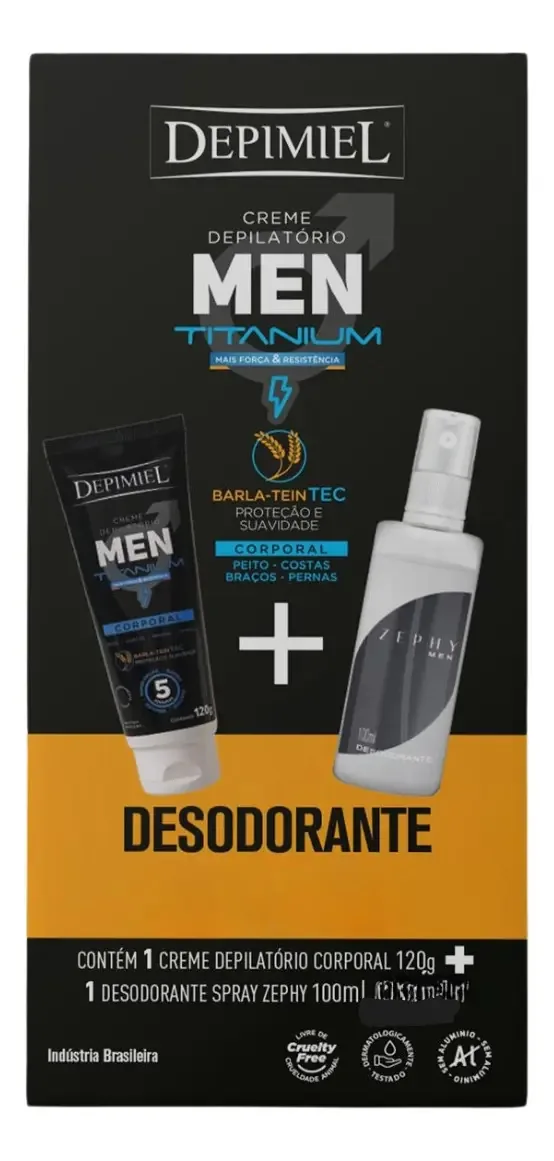 Kit Creme Depilatório Depimiel Men Titanium 120g Grátis Desodorante Zephy Men 100ml Spray