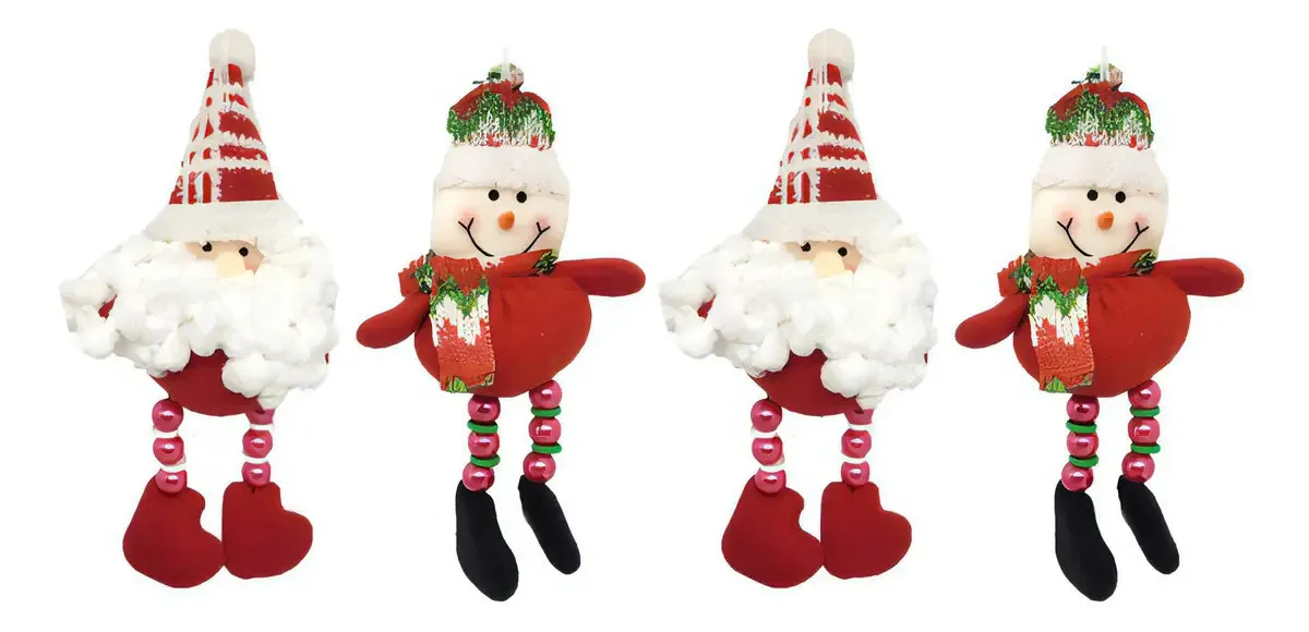 Conjunto 4 Bonecos Natal Pelúcia Pendente Perna Miçanga 15cm