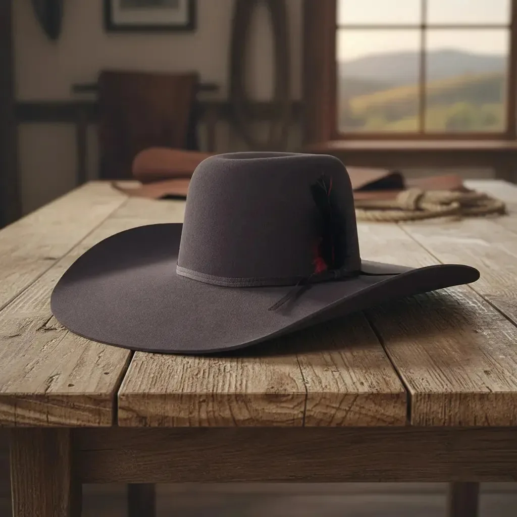 Chapéu Country Aba 13 Pralana Biplay Com Pena Texano Agro Cor Marrom Tamanho 61