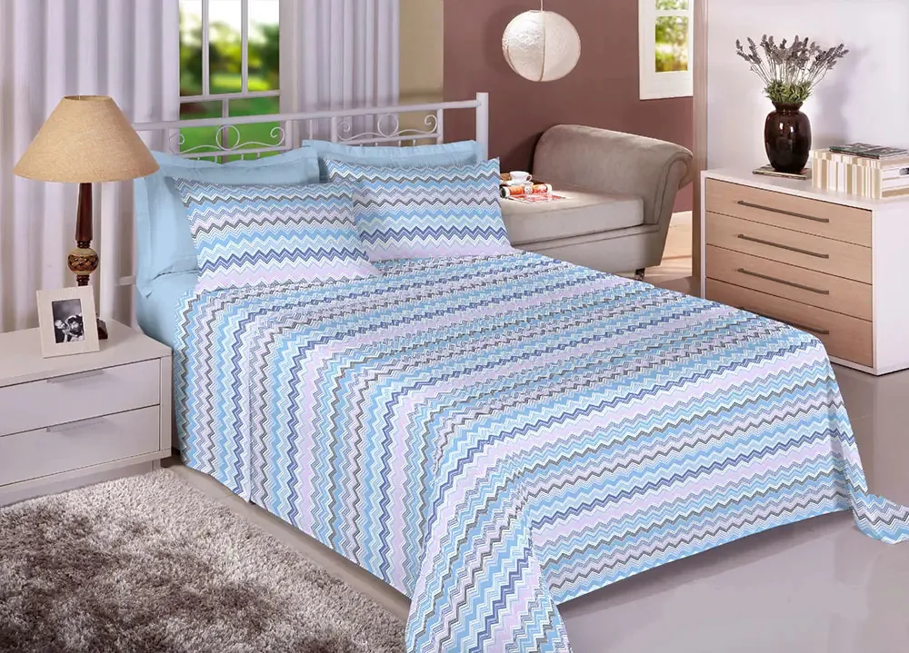 Jogo Cama Solteiro Premium Plus Azul 3 Pçs Estamparia