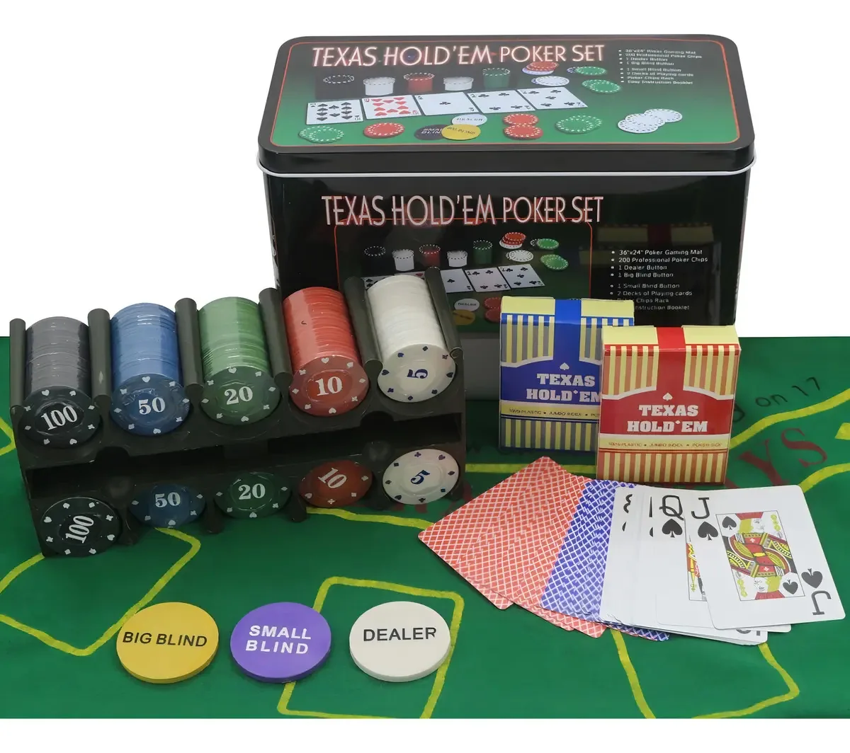 Kit Poker Profissional Em Lata 200 Fichas Texas Hold'em Set Baralho De Plastico Texas Holdem