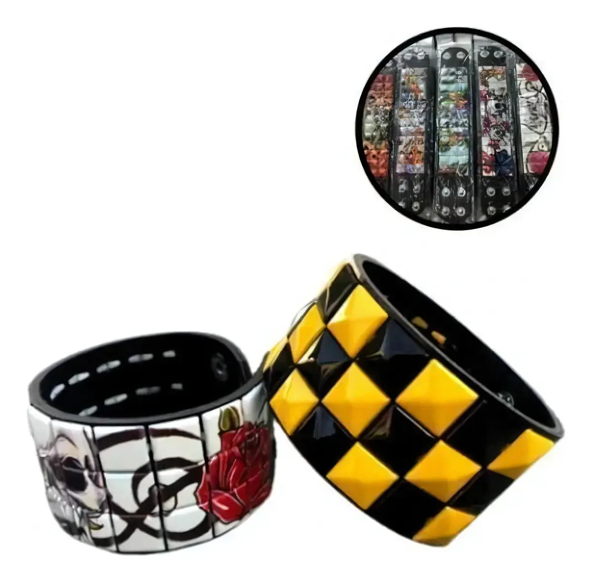 12 Braceletes Pulseiras Xadrez Rock In Roll Rebite Caveira