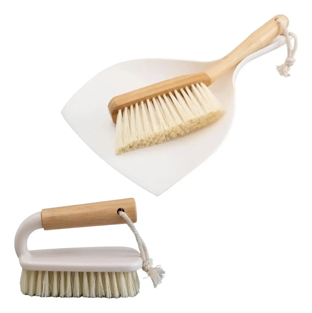 Escova De Limpeza E Mini Vassoura Com Pá Branca Cabo Bambu
