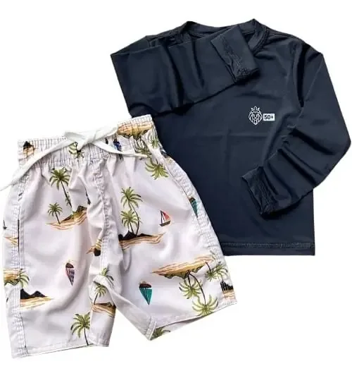 Conjunto Infantil Moda Praia Menino Proteção Solar Cor Preto Tamanho Tam.3