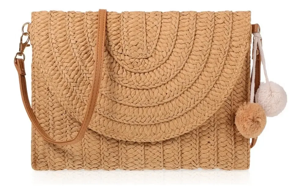 Bolsa Clutch Palha Feminina Alça Couro Bege Escuro moda praia