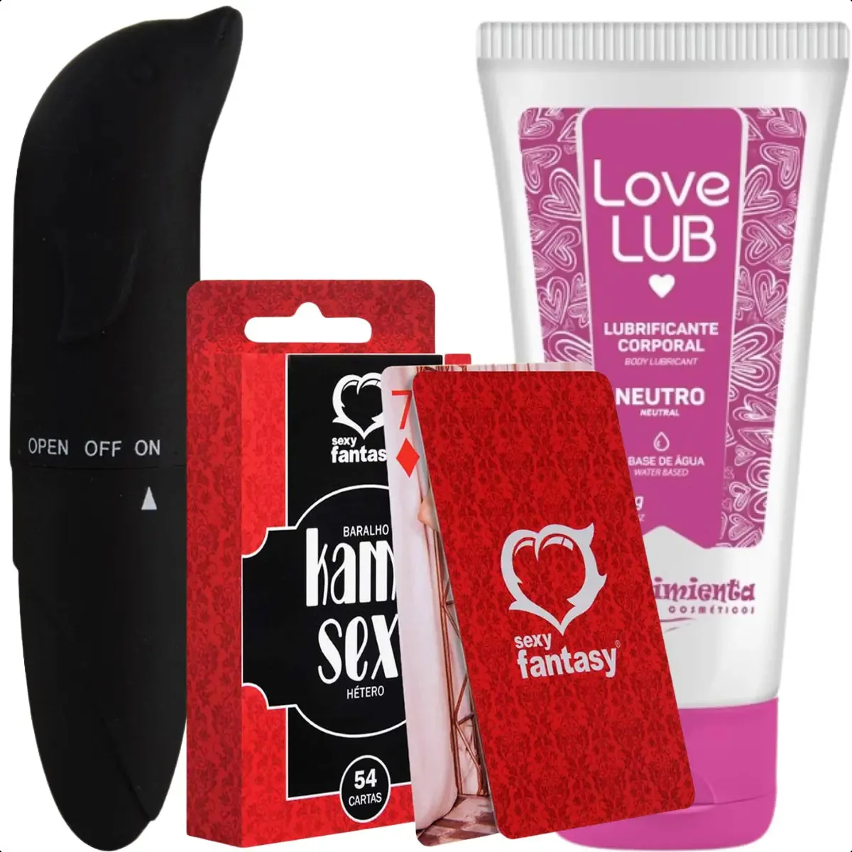 Kit Sensual com Vibrador Golfinho, Baralho Kama Sutra e Lubrificante