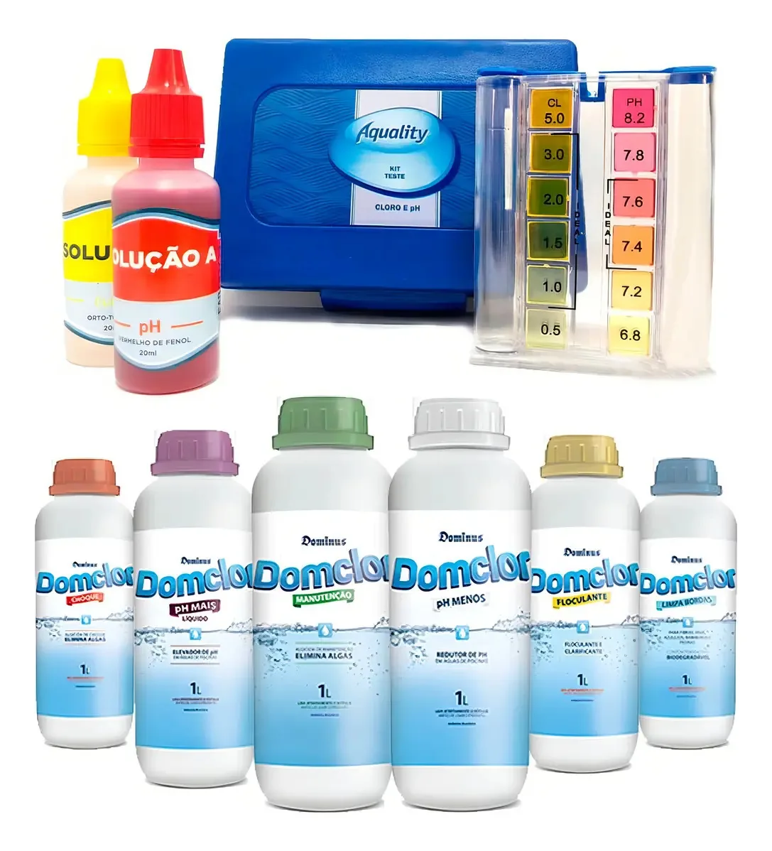 Kit Limpeza E Tratamento De Piscinas Completo + Estojo Teste