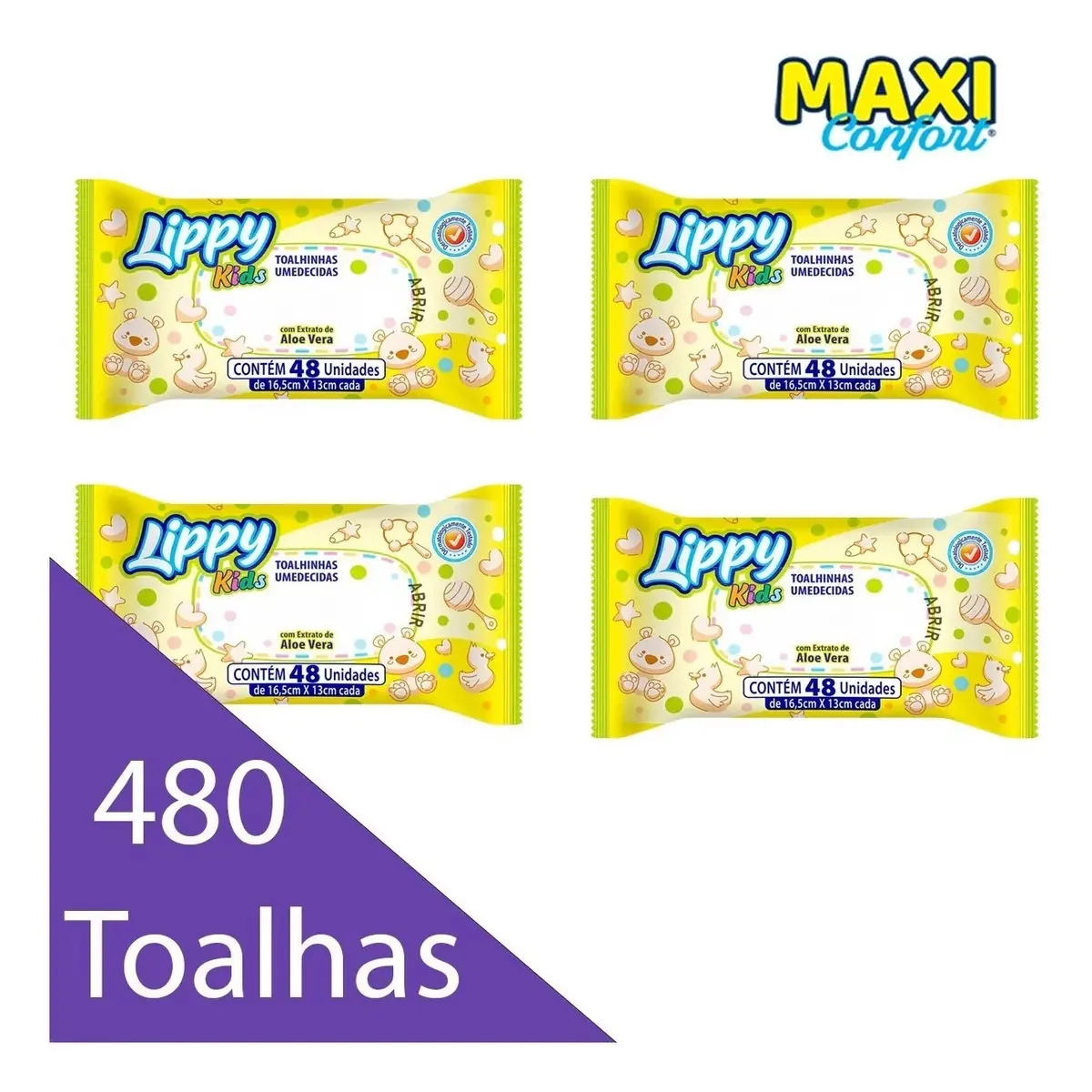 Kit c/ 10 Pacotes de Lenços Umedecidos Lippy Kids c/ Aloe Vera p/ Bebê
