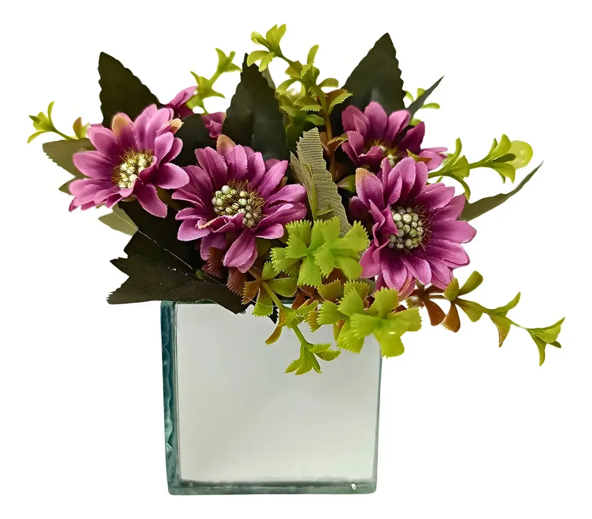 Vaso Decorativo Espelhado com Flores do Campo Artificial Rosa Vidro 15cm