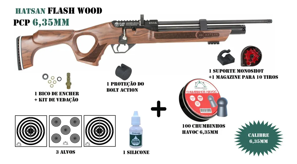 Carabina Pcp Flash Wood Hatsan Chumbinho 6,35mm Potente Madeira 6.35 Mm