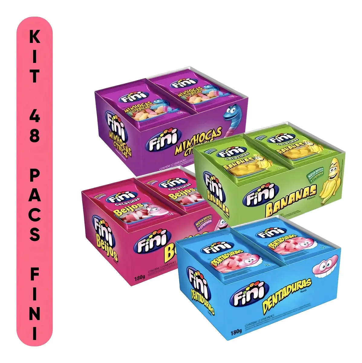 Kit Fini 48 Unidades de Balas de Gelatina Fini Para Festas e Lembrancinhas - Beijos, Banana, Minhoca, Dentaduras
