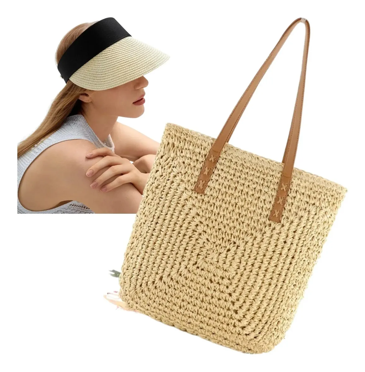Kit Praia Bolsa Feminina De Palha + Viseira De Palha Luxo