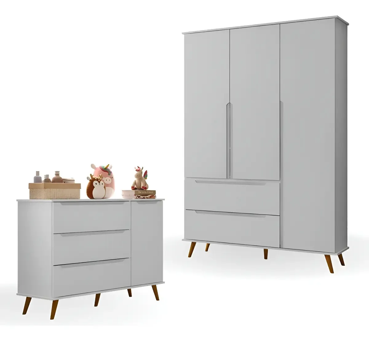 Quarto Infantil Roupeiro 3 Portas + Cômoda 3 Gavetas Melinda Cor Cinza