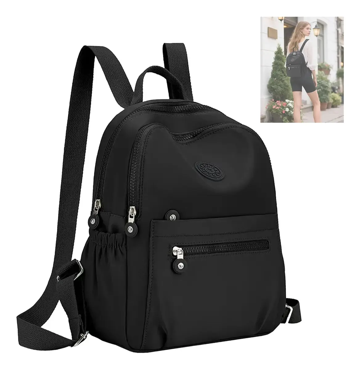 Mochila escolar feminina preta multifuncional para viagens e esportes