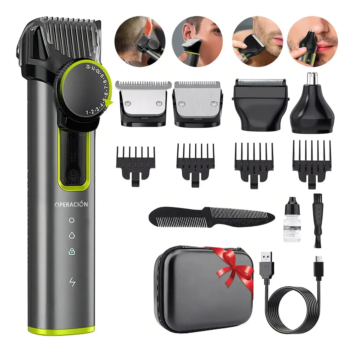 Barbeador elétrico Operation®, barbeador de barba, 4 em 1, kit de aparador de barba e nariz, máquina profissional de corte de cabelo, barbeador sem fio recarregável, cor cinza, impermeável