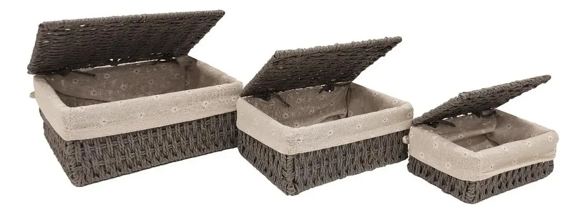 Cestos de vime sintético com tampa X3 U, decorados em M - Sheshu, cor cinza