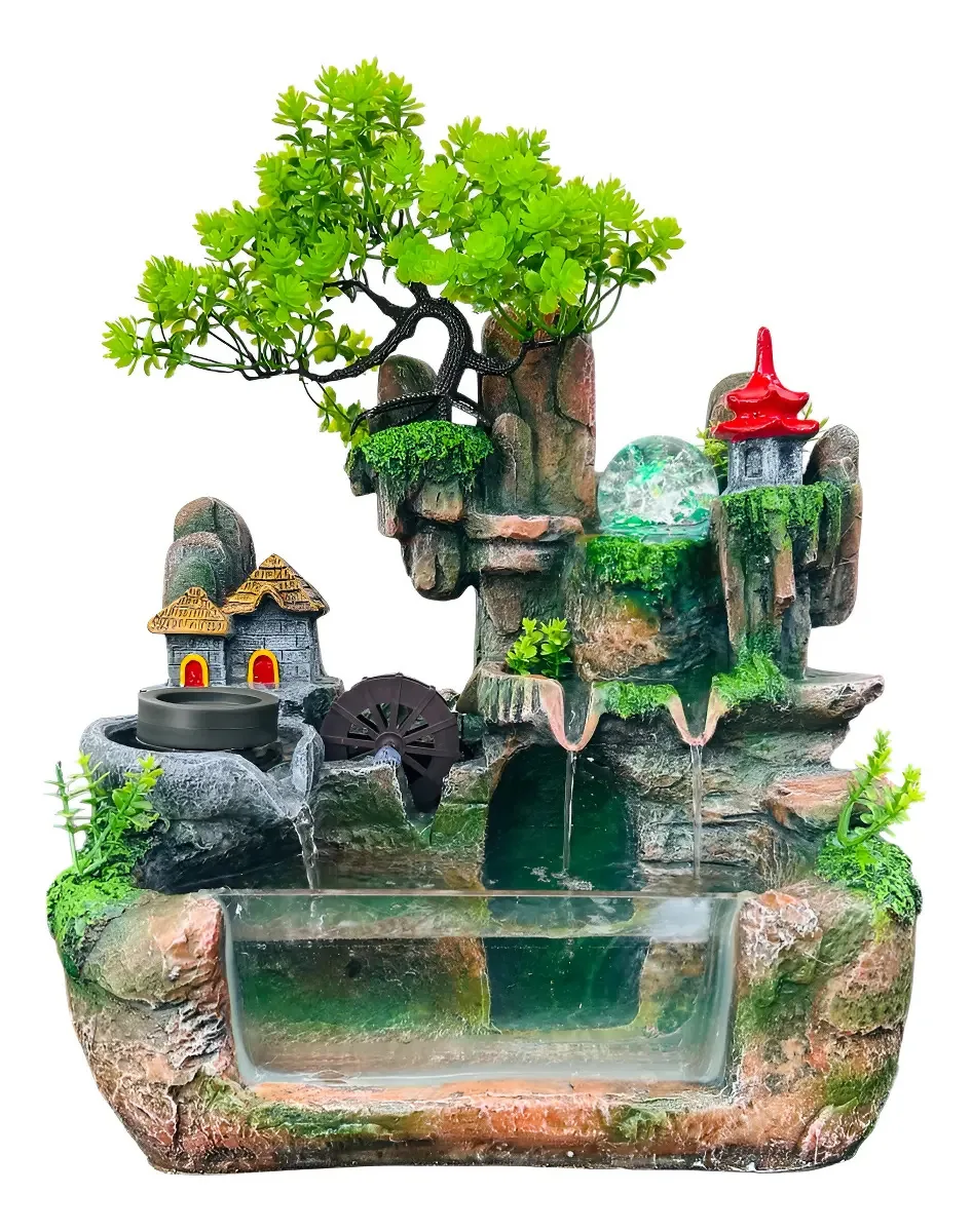 Fonte De Água Moinho Aquário Relaxante Com Led Resina Cor Colorido