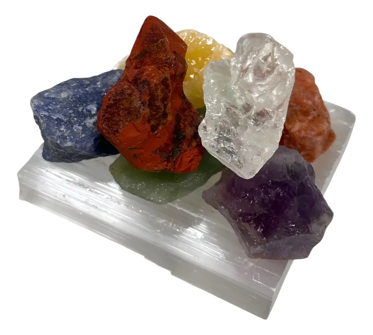 Kit 7 Chakras Barra Selenita, Pedras Brutas - Meditação