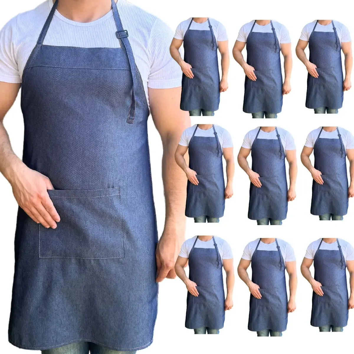 10 Avental Garcom Jeans Liso Padaria Bar Food Churrasco Azul Liso