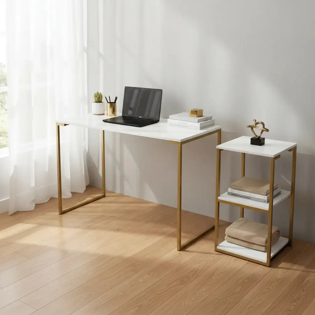 Kit Mesa Pequena Trabalho E Prateleira Multi Dourado Branco Dourado E Branco