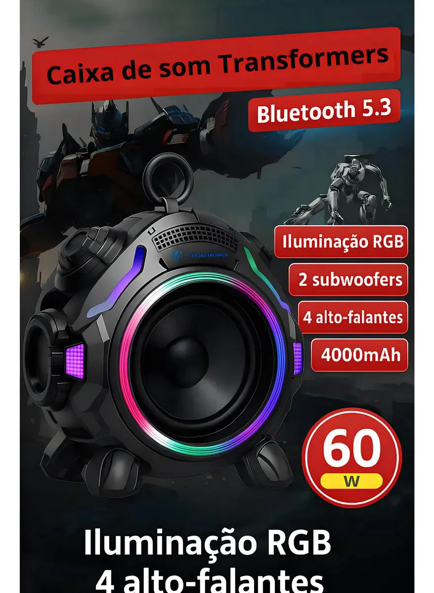 Caixa de Som VTR Eletronics 60W Bluetooth Portátil, Subwoofer e À Prova D'água