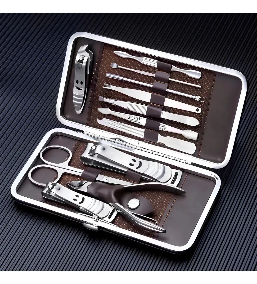 Kit Manicure Profissional Inox 12 Peças com Estojo Alicate Cortador de Unha Pinça Conjunto Completo Manicure e Pedicure