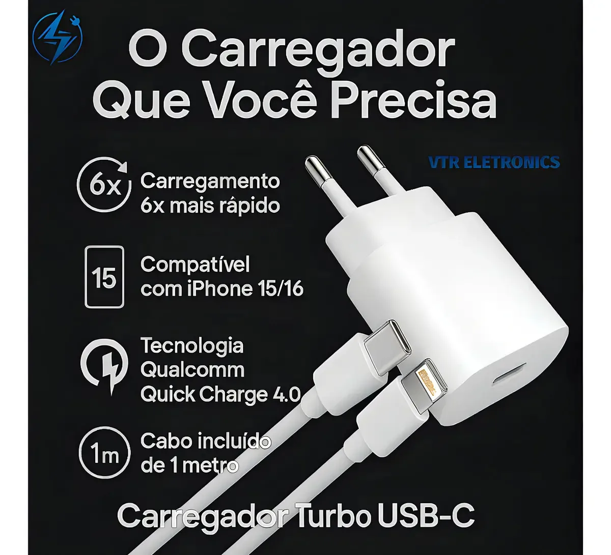 Carregador de Parede VTR ELETRONICS USB-C super Rápida com Cabo para iPhone e iPad