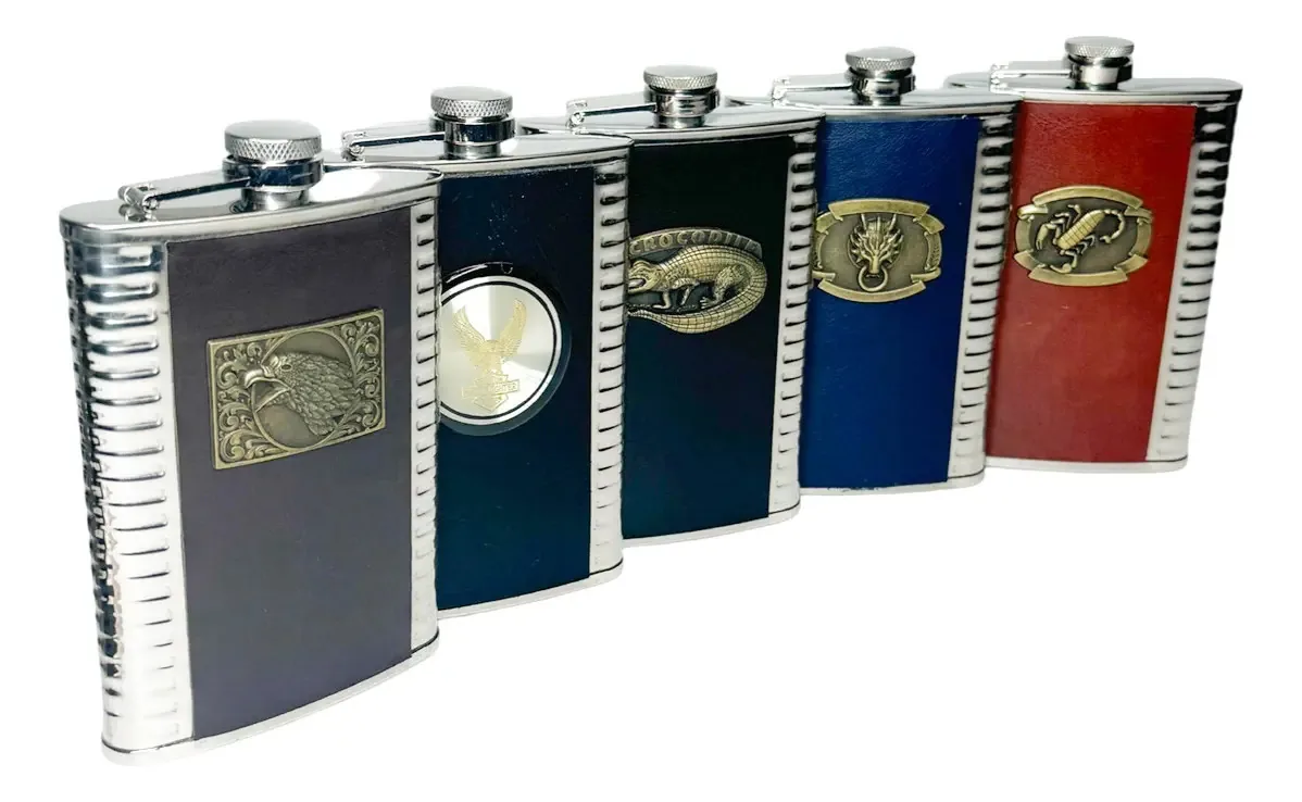 Cantil Inox Frasco Garrafa Whisky Bolso Bar Portátil Couro Crocodilo