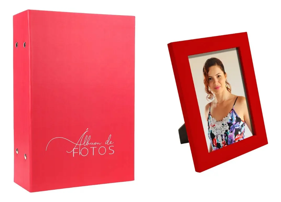 1 Album + 1 Porta Retrato 10x15/500 Fotos Presente Ideal Cor Vermelho-sangue Álbum E Porta