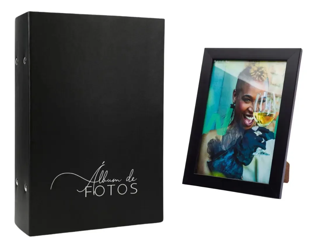 1 Album + 1 Porta Retrato 10x15/500 Fotos Presente Ideal Cor Preto Álbum E Porta