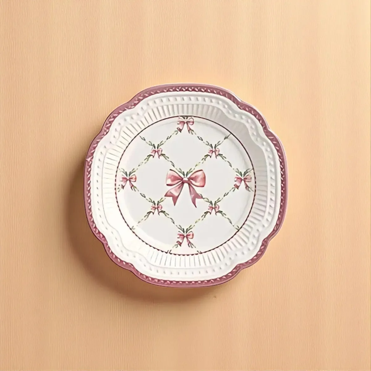 Prato De Sobremesa Natal Laços De Jardim Rosa Scalla Jg 4 Un - Prato Branco - Prato Estampa Laços Rosa