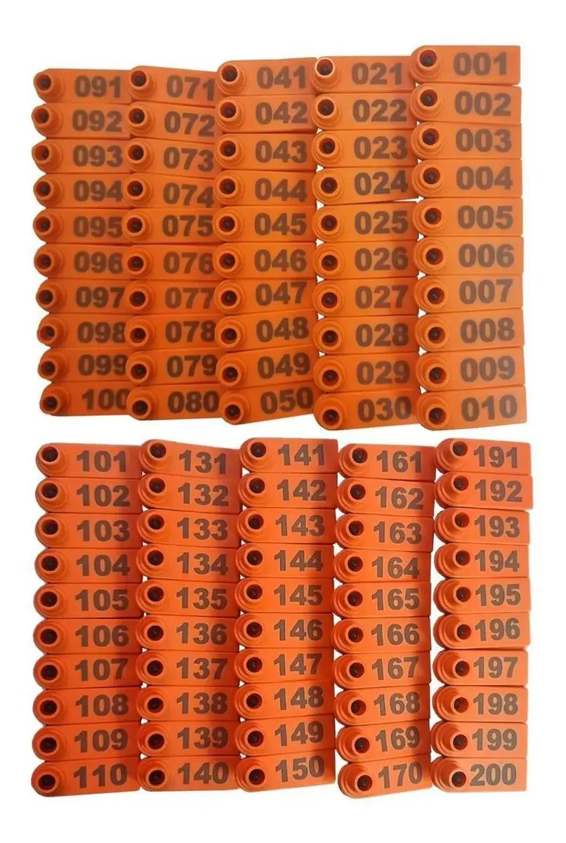 Kit 200 Brincos Bovinos Para Gado Numerado 0 A 200 Laranja