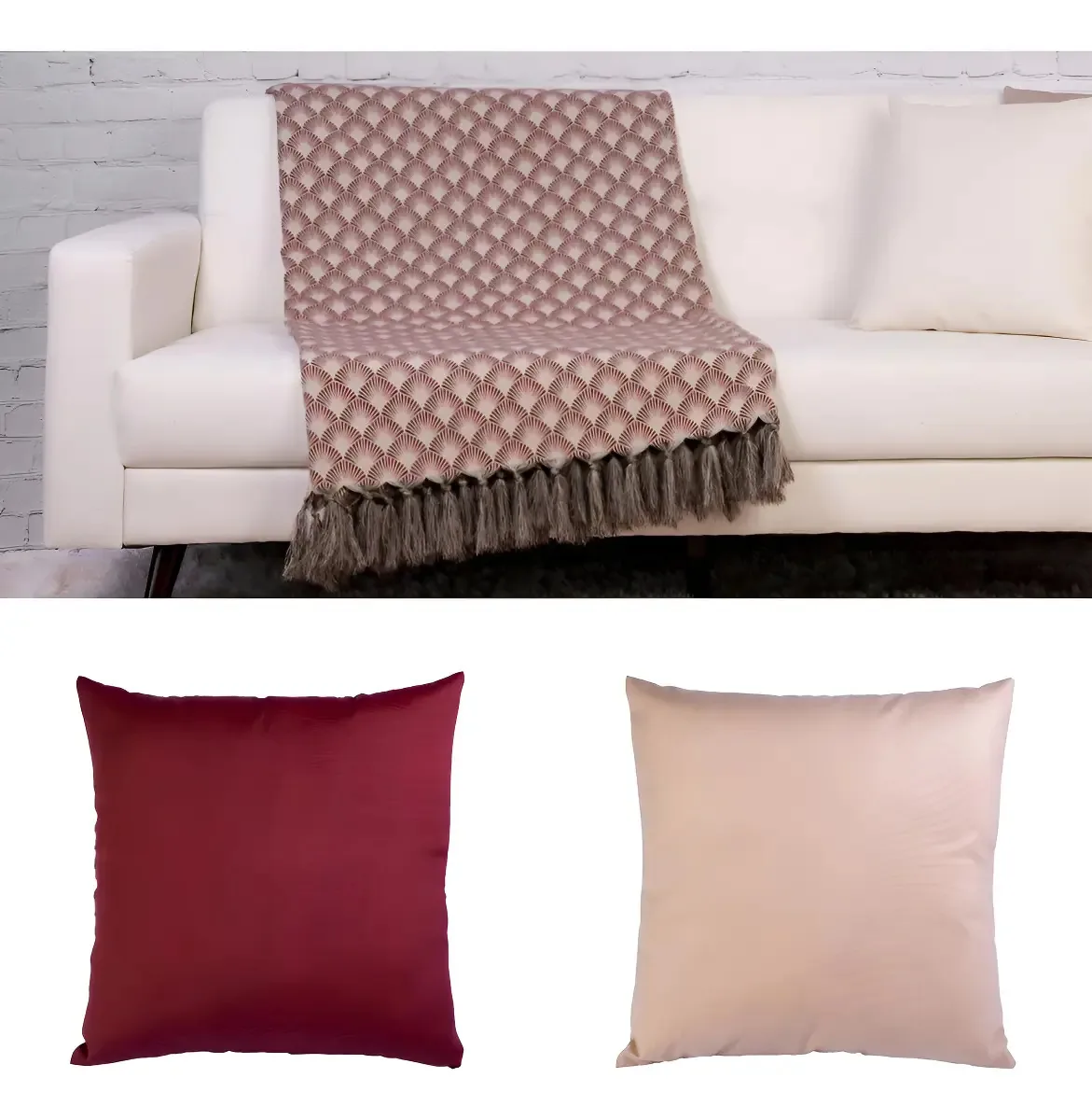 Manta Sofá Jacquard 1,80mx1,40m Capa 2 Almofadas Desenho Escamas Vinho