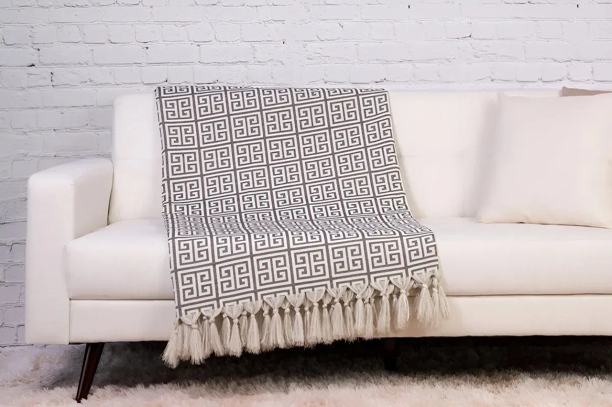 Xale Manta Sofá Jacquard Geometrico Bege 1,80mx1,40m Desenho Etnico Cinza