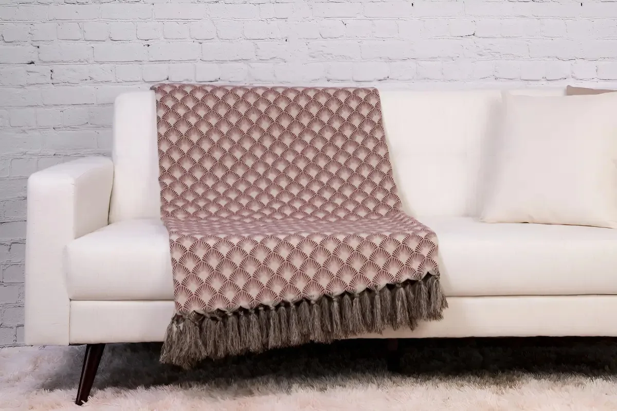 Xale Manta Sofá Jacquard Geometrico Bege 1,80mx1,40m Desenho Escamas Vinho