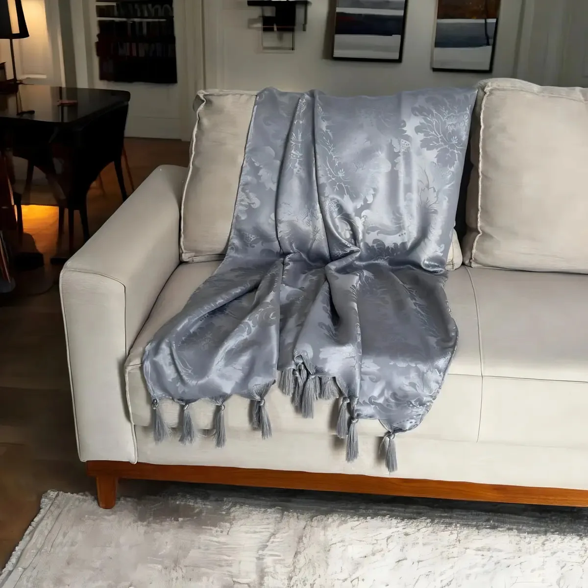 Xale Manta Sofá Jacquard Geometrico 2,50mx1,40m Desenho Cinza Claro