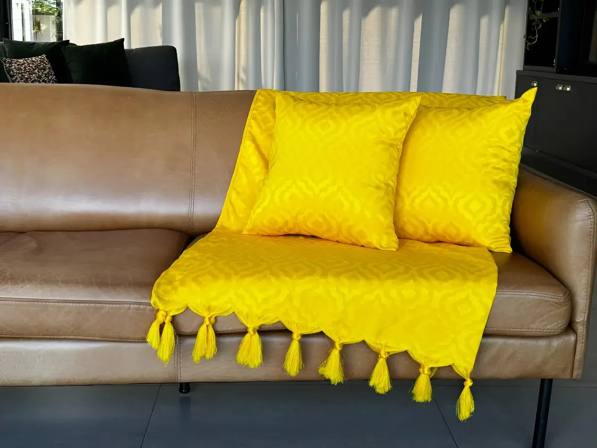 Xale Manta Sofá Jacquard Geometrico 2,50cmx2,80cm Desenho Amarelo