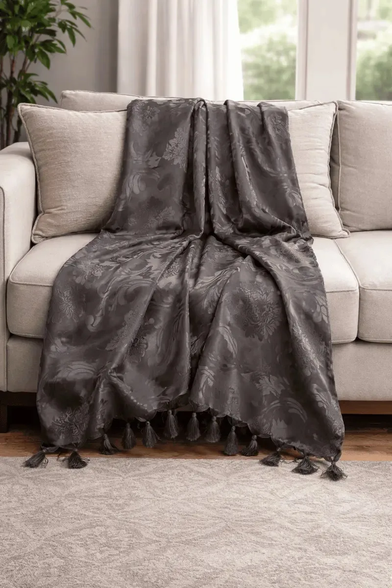 Xale Manta Sofá Jacquard Geometrico 2,50cmx2,80cm Desenho Cinza Escuro