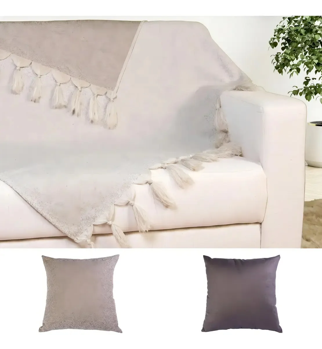 Manta Sofá Jacquard 1,80mx1,40m Capa 2 Almofadas Desenho Poerinha Cinza