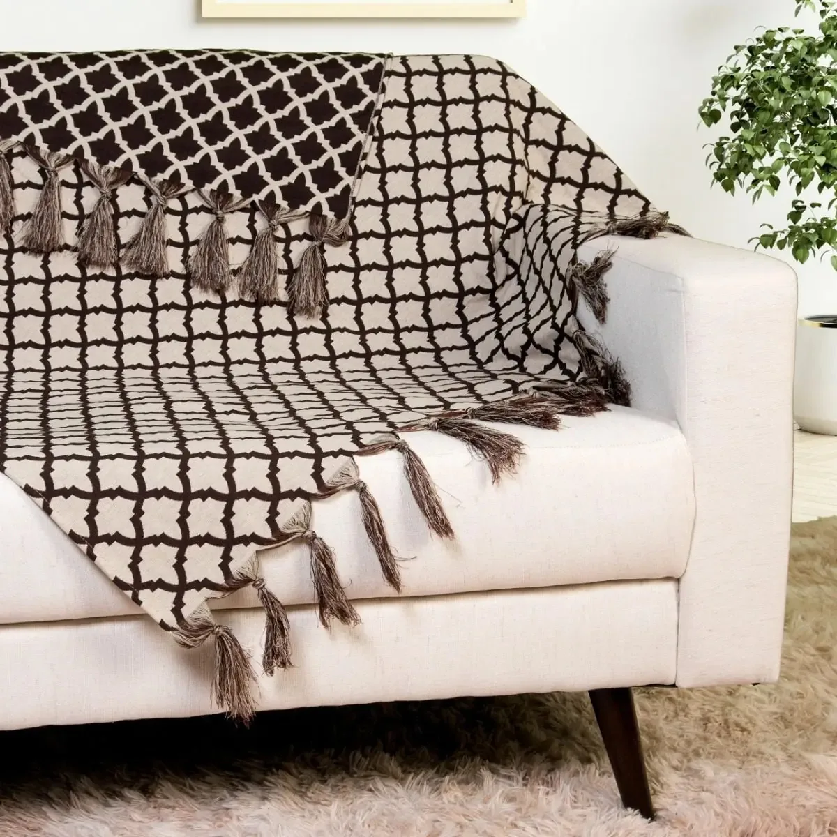 Xale Manta Sofá Jacquard Geometrico Bege 1,80mx1,40m Desenho 8972 Marrom