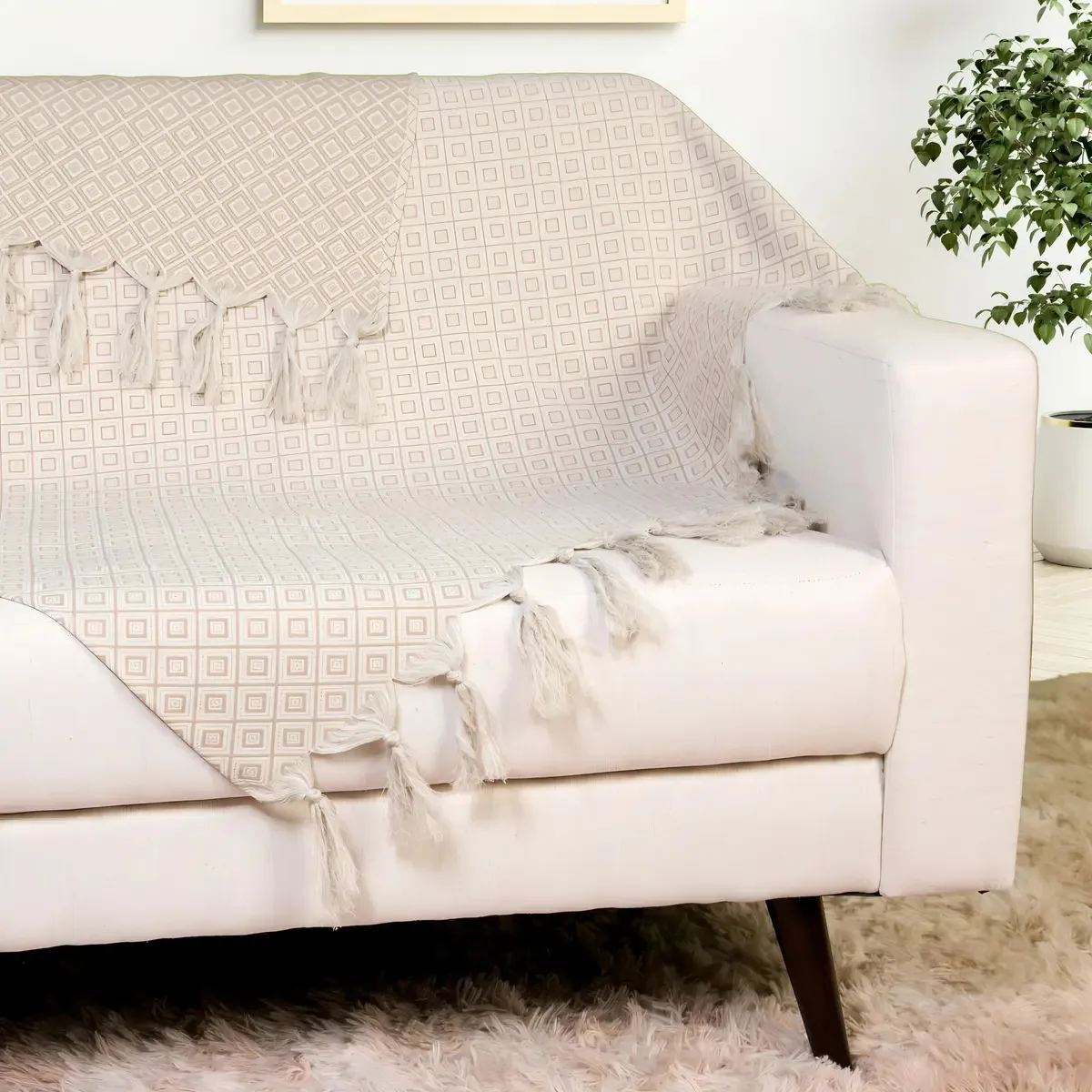 Manta Sofá Jacquard Geometrico Bege 1,80m X 1,40m Desenho 8949