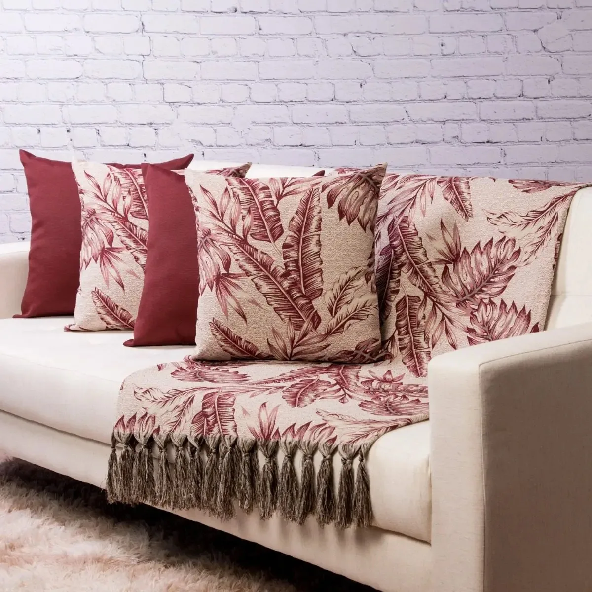 Manta Sofá Jacquard 1,80mx1,40m Capa 4 Almofadas Cor Vinho-bege Desenho Tropical