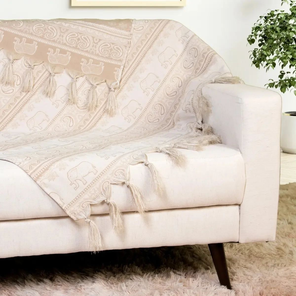 Xale Manta Sofá Jacquard Indiano Bege 3,00mx1,40m