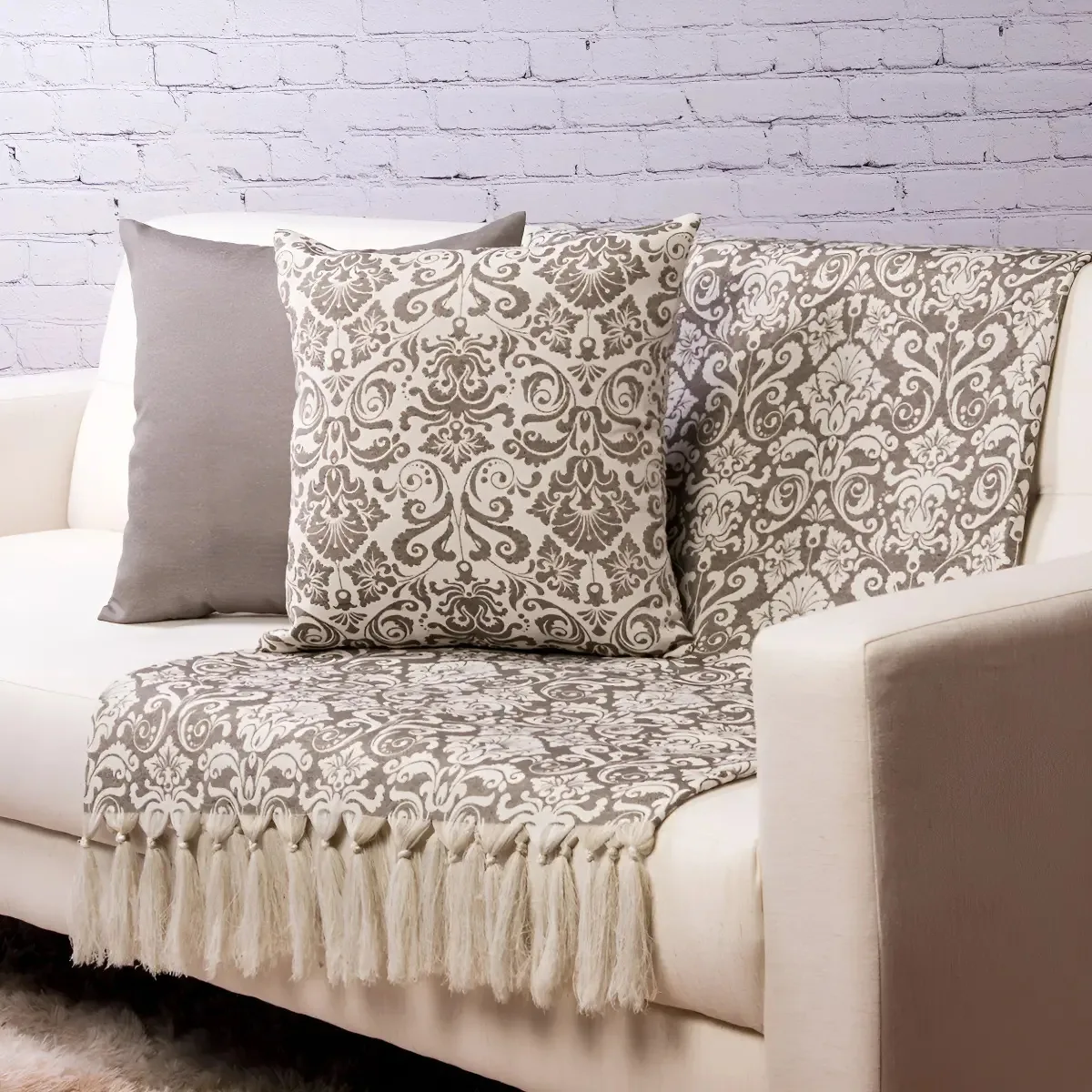 Xale Manta Sofá Jacquard Geometrico Bege 3,00mx1,40m 2 Caps Desenho Arandela Cinza