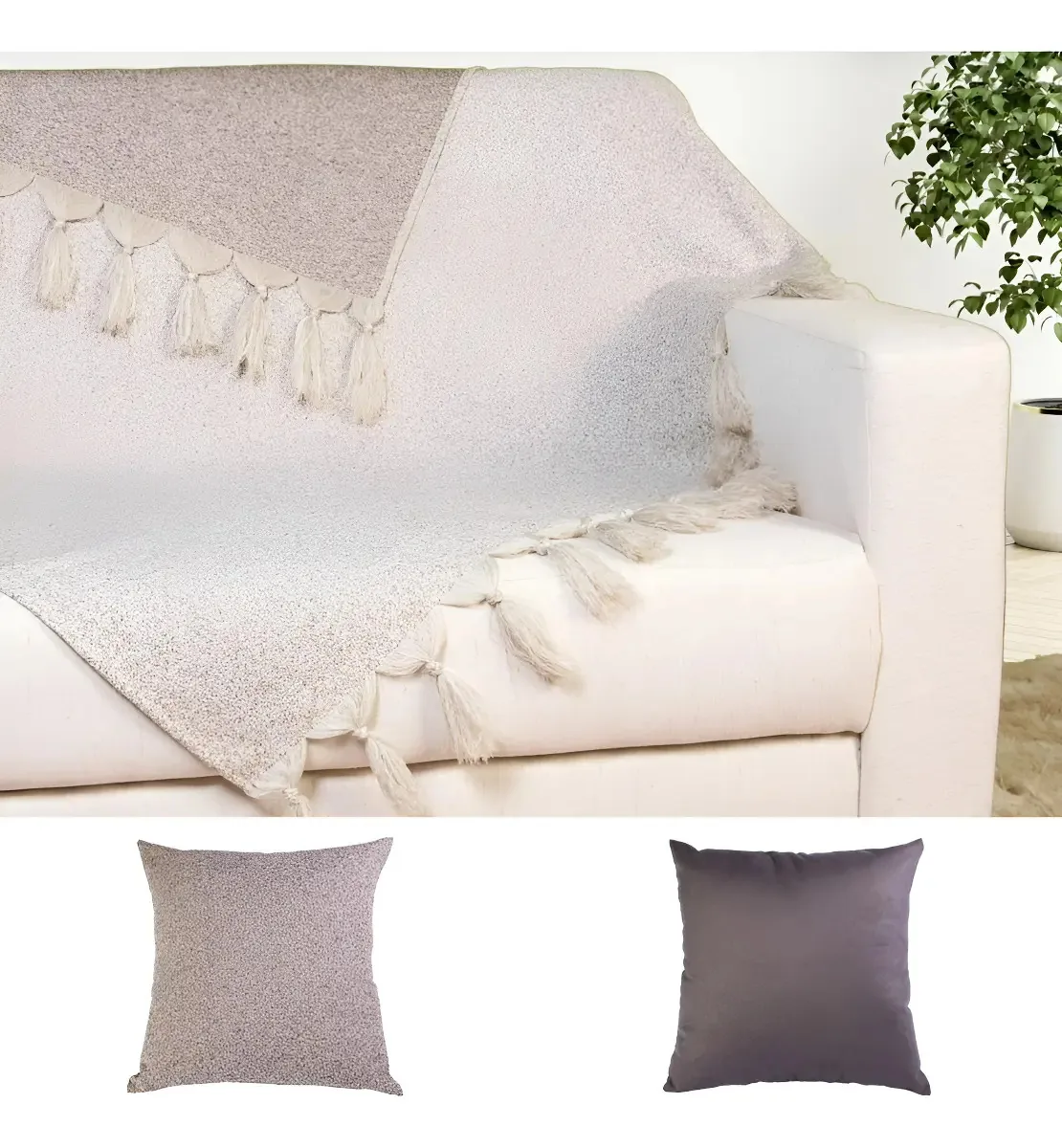 Xale Manta Sofá Jacquard Geometrico Bege 3,00mx1,40m 2 Caps Desenho Poerinha Cinza