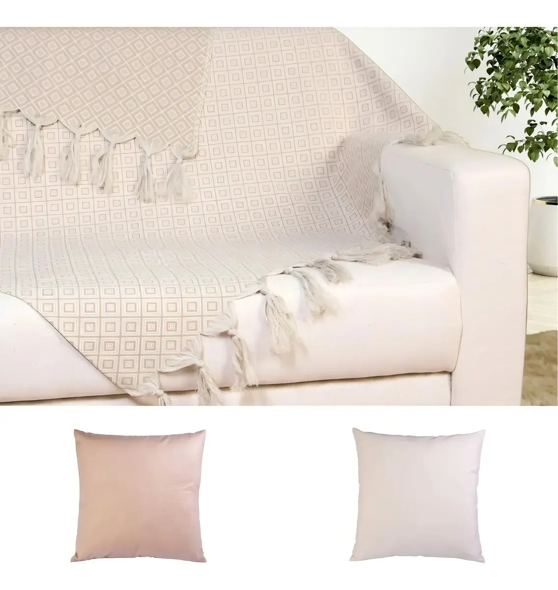 Xale Manta Sofá Jacquard Geometrico Bege 3,00mx1,40m 2 Caps Desenho 8949 Bege